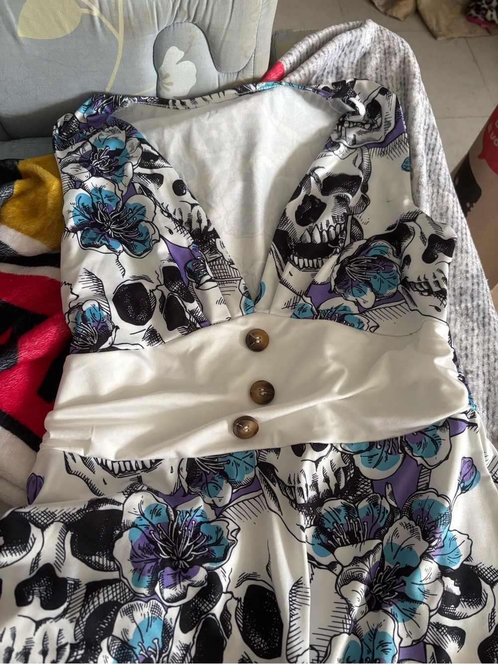 White Floral & Skull V-Neck Dress with Teal & Purple Accents